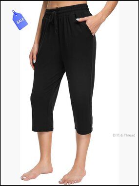 High Waisted Wide Leg Yoga Capri Pants with Pockets Drawstring Loose Fit